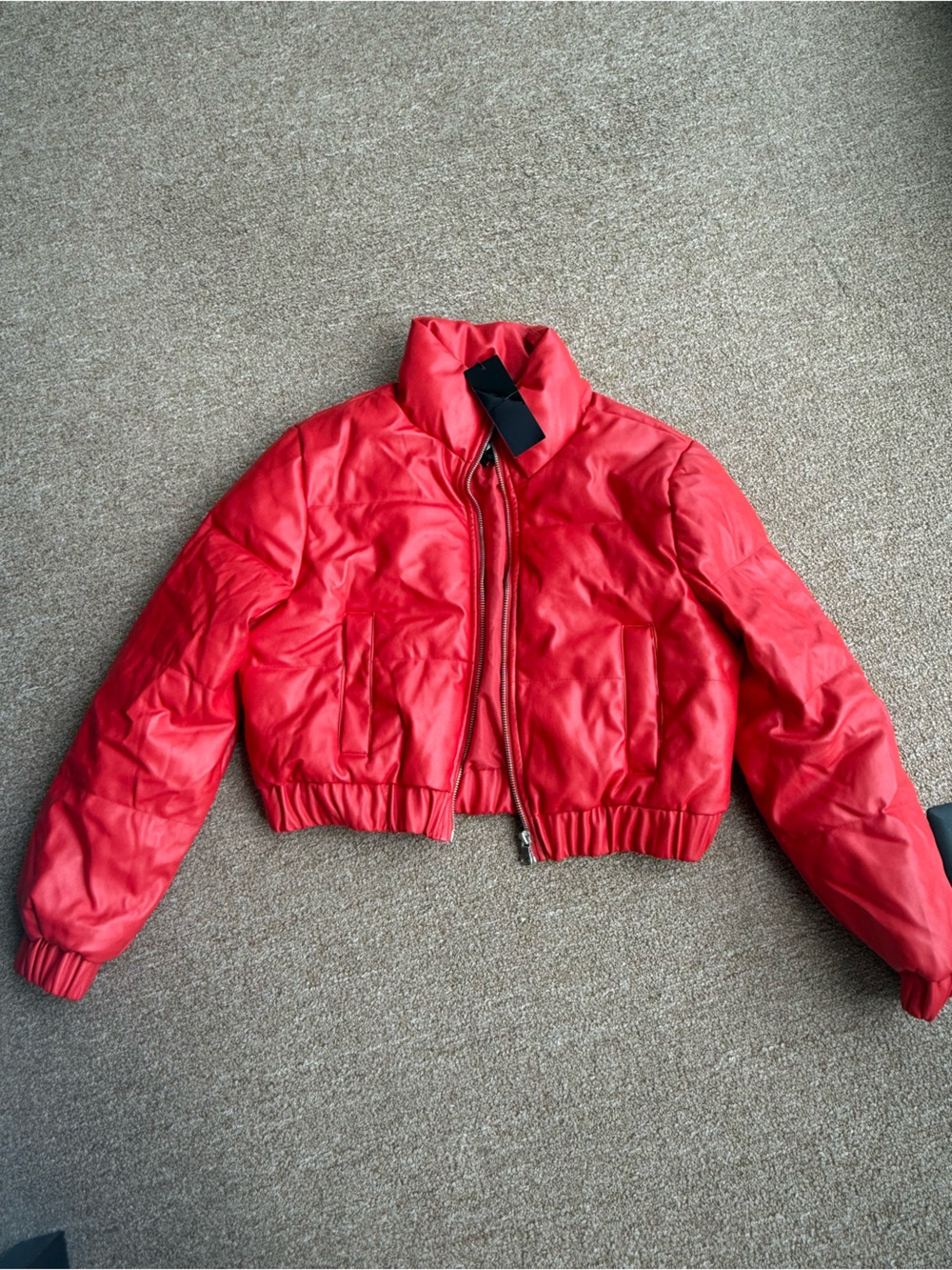 NWT Red Quilted Leather Puffer Jacket